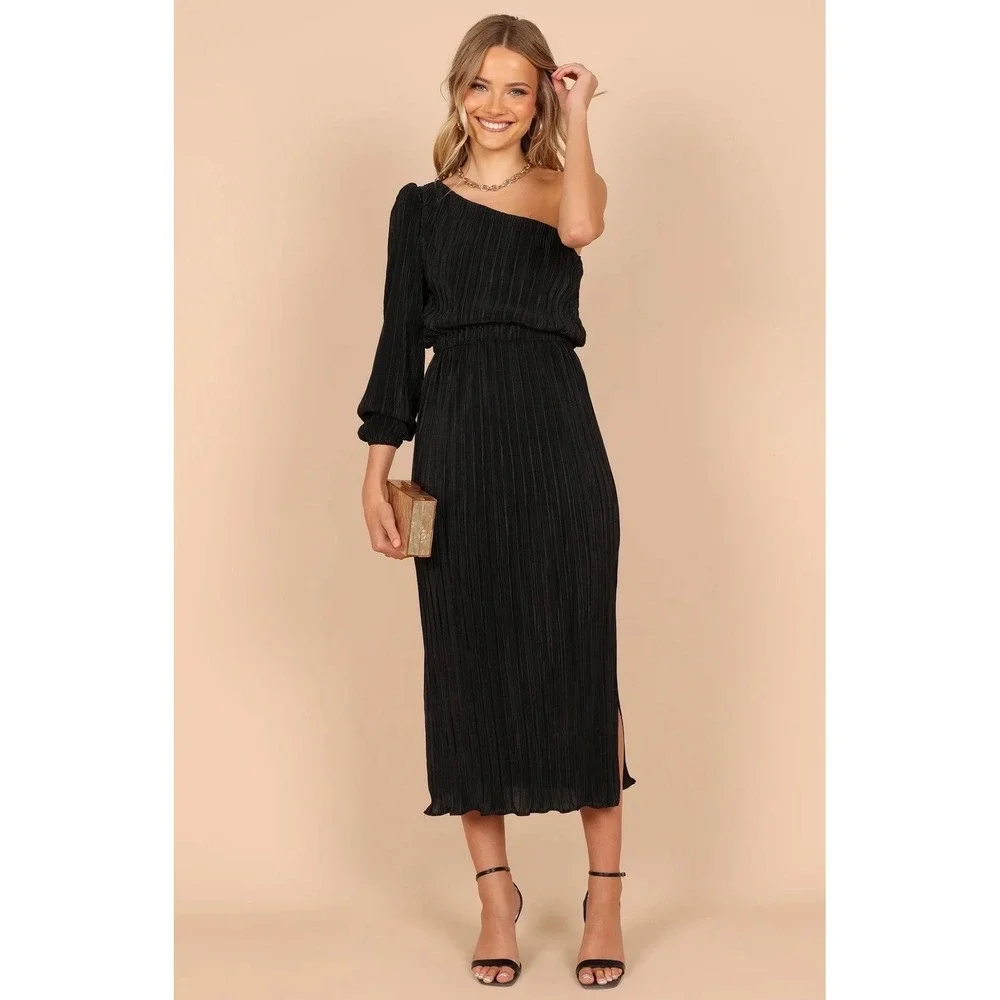 Petal + Pup Womens Black Plisse One Shoulder Midi Dress Single Long Sleeve Large